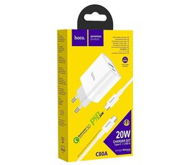  Адаптер Сетевой с кабелем Hoco C80A Rapido 1USB,1Type-C/5V/3A PD20W+QC3.0 +Type-C-Type-C (white) 