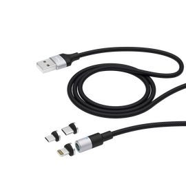  Дата-кабель USB 3 в 1: micro USB, USB-C, Ligthning, 2.4A, магнитный, ткань, черный, Deppa, 72282 