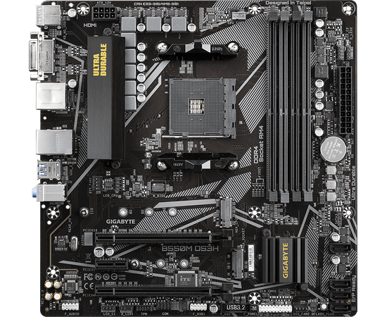  MB sAM4 Gigabyte B550M DS3H  4xDDR4-3200, DVI-D+HDMI, 2xPCI-Ex16, 1xPCI-Ex1, 4xSATA3(RAID 0/1/10), 2xM.2, 8 Ch Audio, GLan, (4+2)xUSB2.0, (4+2)xUSB3.2, 1xPS/2, mATX, RTL 