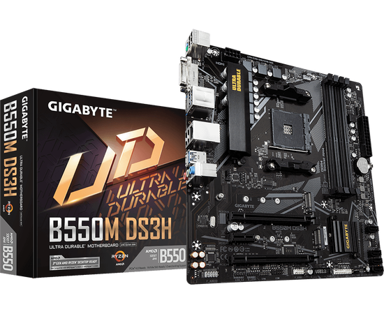  MB sAM4 Gigabyte B550M DS3H  4xDDR4-3200, DVI-D+HDMI, 2xPCI-Ex16, 1xPCI-Ex1, 4xSATA3(RAID 0/1/10), 2xM.2, 8 Ch Audio, GLan, (4+2)xUSB2.0, (4+2)xUSB3.2, 1xPS/2, mATX, RTL 
