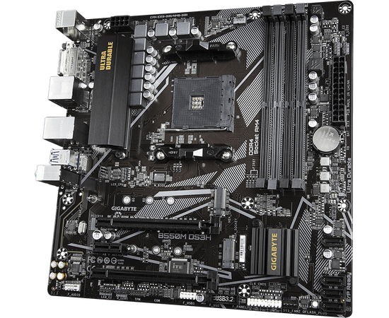  MB sAM4 Gigabyte B550M DS3H  4xDDR4-3200, DVI-D+HDMI, 2xPCI-Ex16, 1xPCI-Ex1, 4xSATA3(RAID 0/1/10), 2xM.2, 8 Ch Audio, GLan, (4+2)xUSB2.0, (4+2)xUSB3.2, 1xPS/2, mATX, RTL 