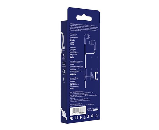  Проводные наушники с микрофоном внутриканальные Borofone BM39 Refined chant, 3.5 Jack (white) 