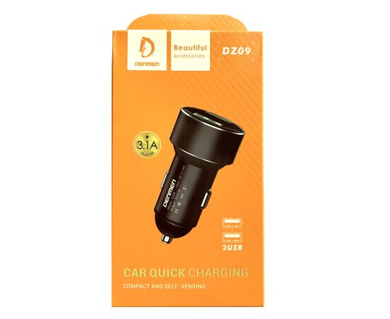  Адаптер питания автомобильный Denmen DZ09, 3.1А, 2 USB, 12-24 V, пластик, черный, фирменная упаковка 