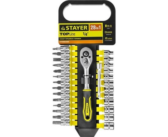  Набор торцовых головок биты-головки Stayer Standard 27754-H28 1/4" на пластик рельсе/трещотка/удлинитель/4-13мм/28 предметов 