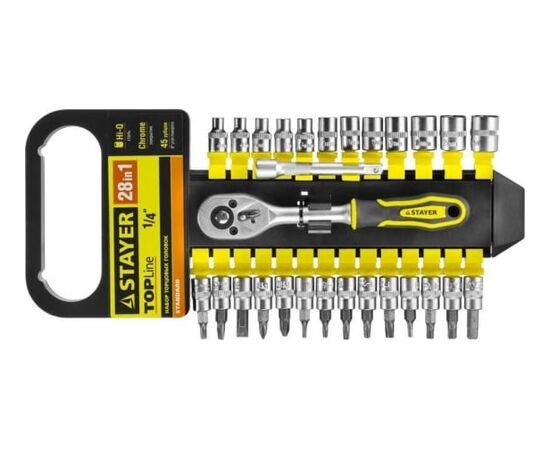  Набор торцовых головок биты-головки Stayer Standard 27754-H28 1/4" на пластик рельсе/трещотка/удлинитель/4-13мм/28 предметов 