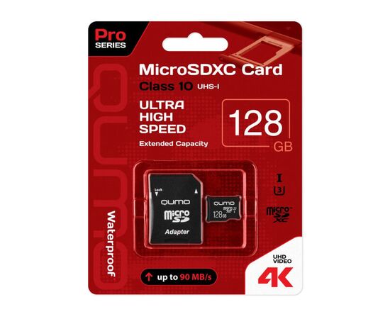  Карта памяти Qumo 128Gb QM128GMICSDXC10U3 90/70 МБ/с UHS-I U3, Pro seria 3.0 с адаптером SD 