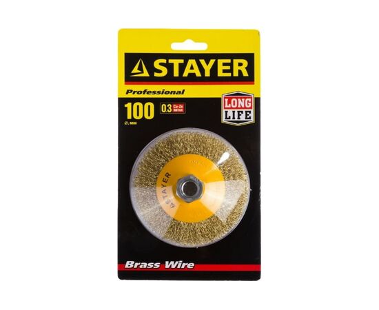  Щетка коническая STAYER Professional 35133-100 с посадочным М14, витая латунированная стальная проволока 0.3мм, d-100мм 