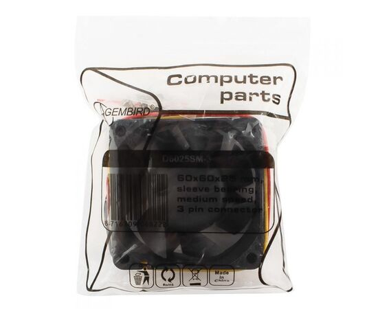  Вентилятор 60 мм Gembird D6025SM-3, 60x60x25, 3 pin 4000 rpm, 25 dBA, втулка (sleeve), MTBF: 30000 часов, длина провода 25 см 