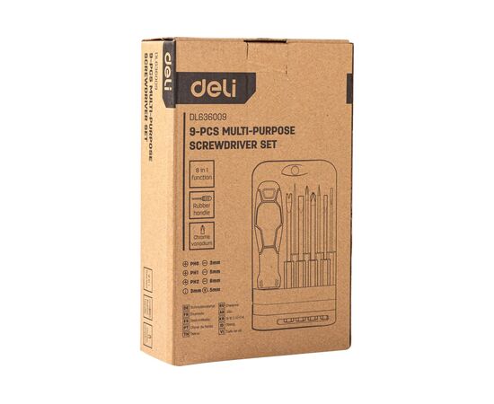  Отвертка многофункциональная Deli DL636009 8-в-1 1шт ручка, 3 биты PH0, PH1, PH2, 3 насадки с прорезями: 3 мм, 5 мм, 6 мм, 2 спец. биты 