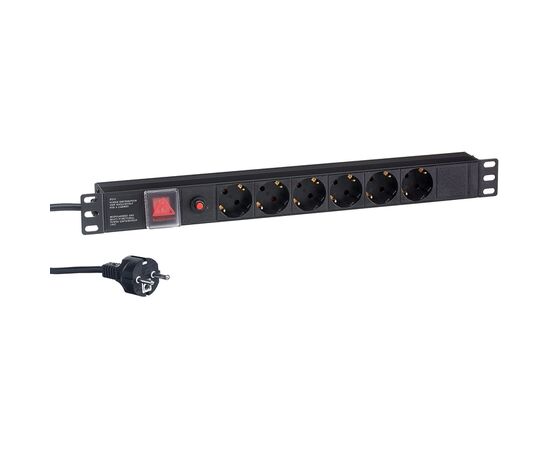  Блок розеток горизонтальный ExeGate ServerPro PDU-19H606 Al-6S-EU2-SW-O (EX280831RUS), 19", 1U, Алюминий, 6 Schuko, кабель с евровилкой VDE-250V-16A-3*1.5mm2, 2 метра, выкл. с подсветкой, защита от перегрузки, черный 