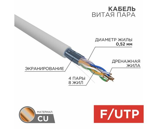  Витая пара REXANT 02-0025 F/UTP, CAT 5e, PVC, 4х2х0,52 мм, 24AWG, Indoor, Solid, серый, 305 м 