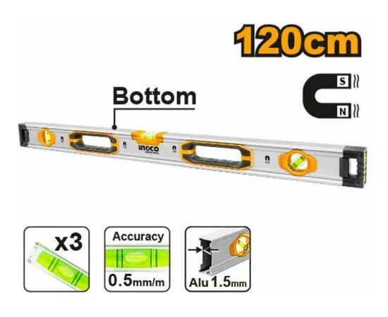  Уровень пузырьковый Ingco HSL38120M 120 см, 3 уровня с мощными магнитами 