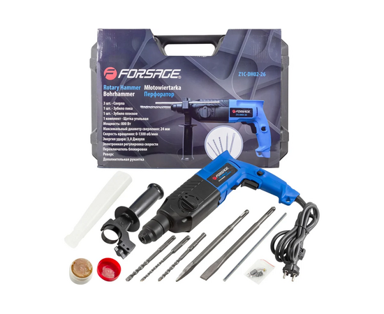  Перфоратор Forsage F-Z1C-DH02-26(51851) электрический сверла 5,7,8x140мм,зубило плоское20x220мм,пика,уголь-е щетки,220V,50/60Гц,800W,0-1300 об/мин 