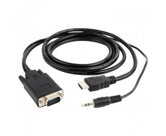  Конвертер HDMI-1.4a (папа) - D-SUB/VGA (папа) + Audio stereo (mini-jack 3.5 mm), встр. кабель 1,8 м, чёрный, позол. разъёмы, Cablexpert A-HDMI-VGA-03-6 