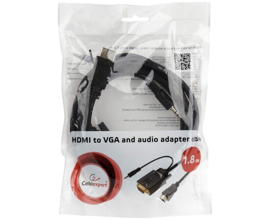  Конвертер HDMI-1.4a (папа) - D-SUB/VGA (папа) + Audio stereo (mini-jack 3.5 mm), встр. кабель 1,8 м, чёрный, позол. разъёмы, Cablexpert A-HDMI-VGA-03-6 
