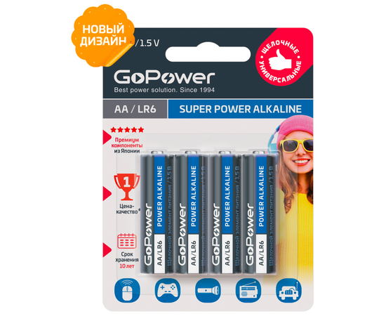  Батарейка GoPower LR6 AA BL4 Alkaline 1.5V (4/48/576) 