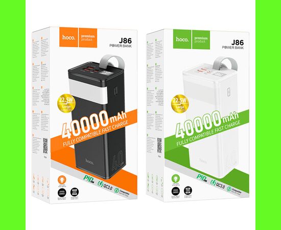  Аккумулятор внешний HOCO J86, Powermaster, 40000mAh, пластик, дисплей, 2 USB выхода, Type-C, QC3.0, PD3.0, 3,0А, цвет: чёрный (1/13) 