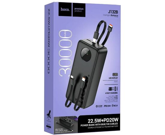  HOCO 132B Пауэрбанк 30000 mah /22.5W+PD20W/ 3 cable/usb/черная 