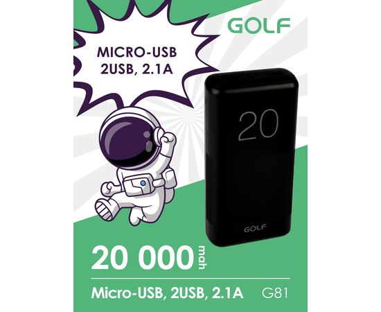  GOLF G81/ Powerbank 20000 mah + Кабель Micro usb /In Micro usb /Out USB 1 А, 2.1A/ Black 