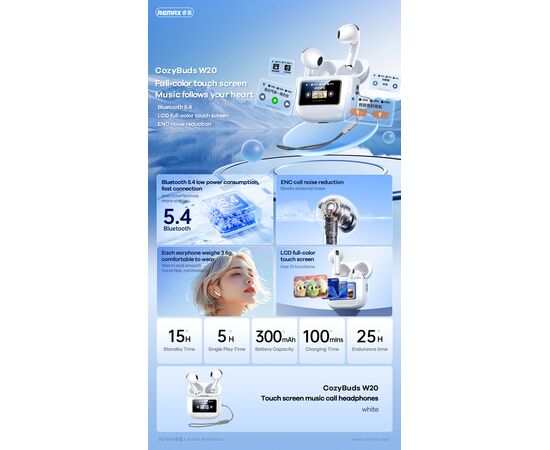  Наушники bluetooth REMAX Touch Screen Music& Calling ENC Earbuds CozyBuds W20 (белый) 