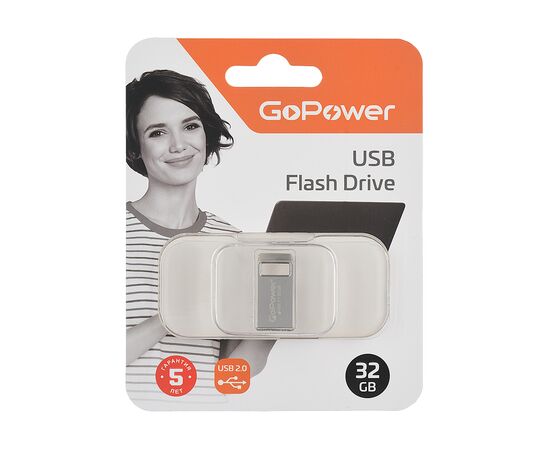  Флеш-накопитель GoPower MINI 32GB USB2.0 металл серебряный (1/50/1000) 