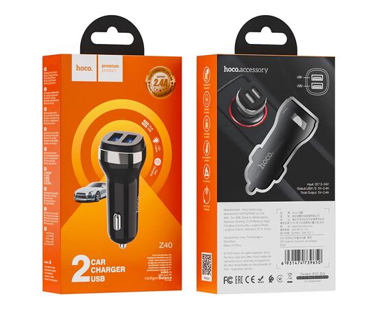  Блок питания автомобильный 2 USB HOCO Z40, 2400mA, цвет: чёрный (1/12/120) 