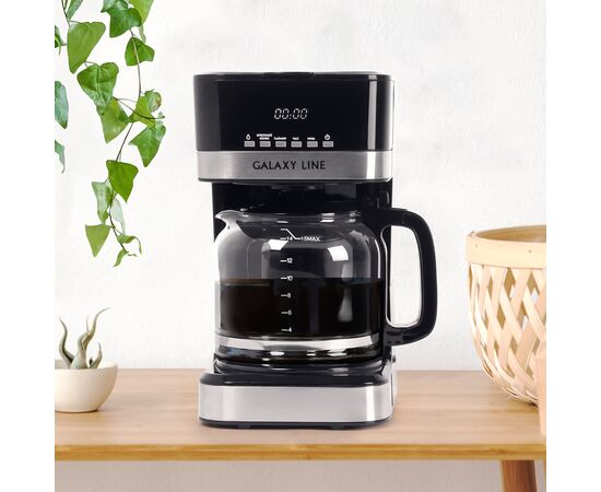  Кофеварка электрическая Galaxy LINE GL 0711, черная, капельная, 1100 Вт, 1,8 л, многоразовый съемный фильтр, шкала уровня воды, функция подогрева и поддержания температуры готового кофе, система «стоп-капля», функция «Очистка», таймер на 24 часа, ножки, п 