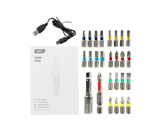  Отвертка аккумуляторная Deli DC161 (4В, 2А*ч, 5Нм, 300об/мин, Type-C, набор бит 4 шт, картон) 