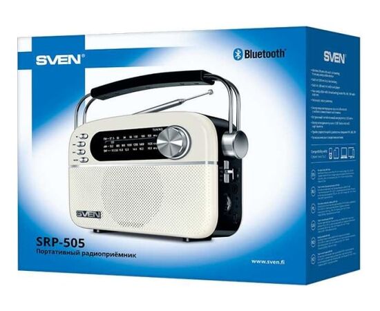 Радиоприёмник SVEN SRP-505, белый (3 Вт,Bluetooth, FM/AM/SW, USB, microSD, AUX,  встроенный аккумулятор) 