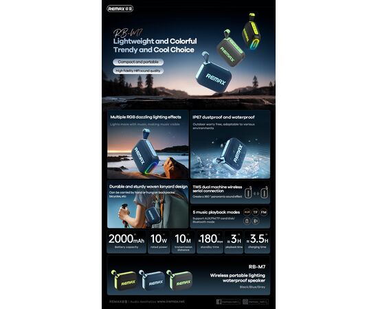  Портативная акустика REMAX Lighting 10W Wireless Portable Waterproof Speaker RB-M7 (черный) 
